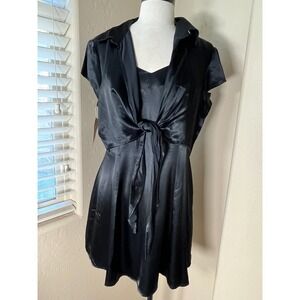VTG WANTED Dress Set Womens L (read description) Satin Black 2 Piece Cropped Top
